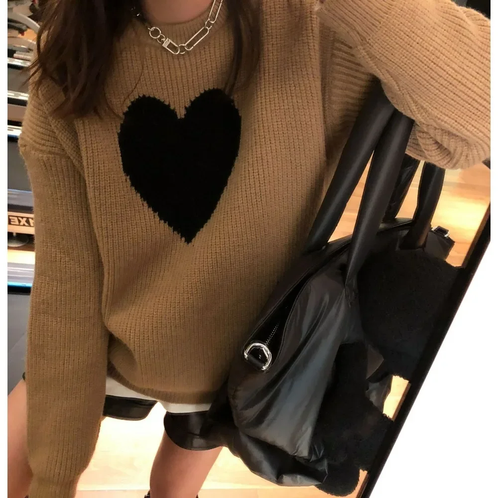 

Casual Outerwear Lazy Style Love Sweetheart Loose Korean Basics Pullover Long Sleeve Women'S Autumn Round Neck Knitted Sweater