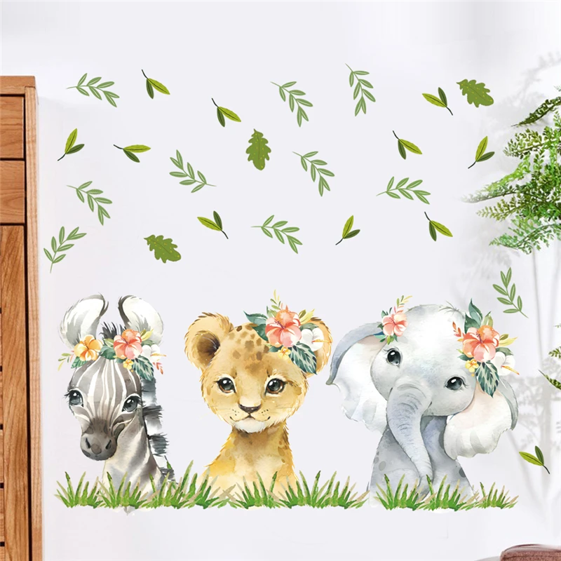 Naughty Leopard Zebra Elephant Leaf Wall Sticker For Kids Room Decoration Cartoon Animals Mural Art Diy Home Decals Pvc Posters