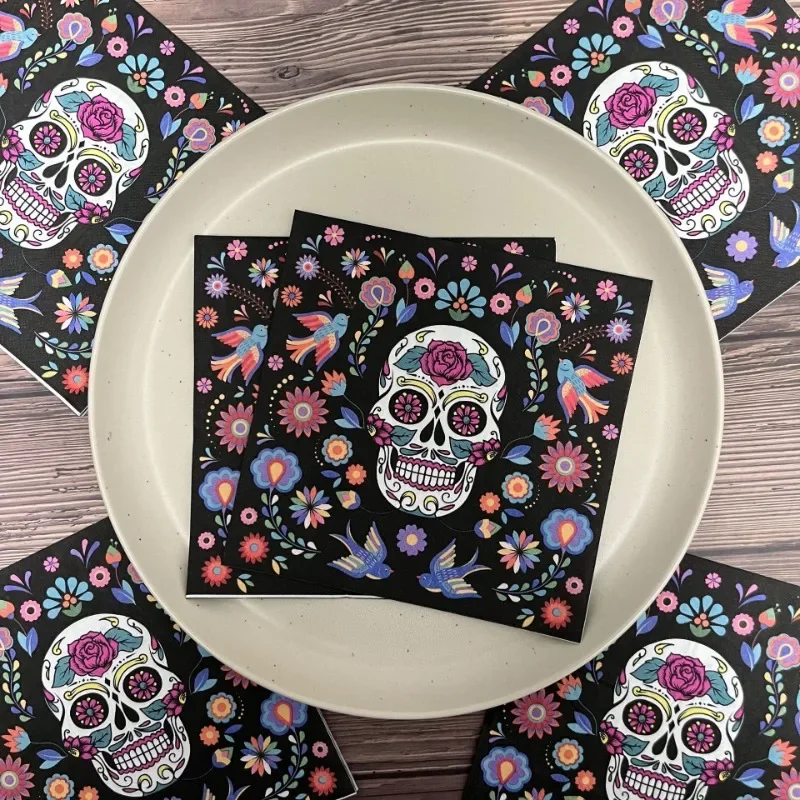 20pcs/Pac 33*33cm 2-Ply New Halloween Flower Skull Party Paper Napkins Colorful Napkins Party Decoration Paper Placemats Cheap