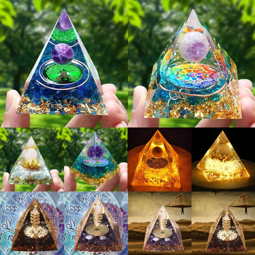 Energy Pyramid Orgonite Pyramid Reiki Natural Amethyst Ball Crystal Healing Stones Chakra Meditation Tool Ornaments Home Decor