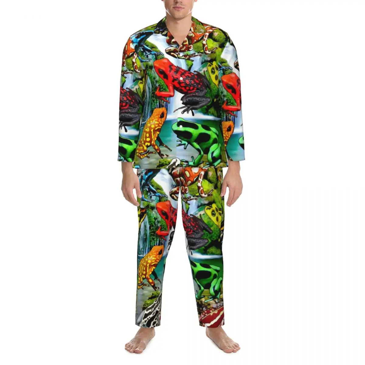 

Rainforest Frog Pajamas Male Colorful Poison Frogs Soft Room Nightwear Spring 2 Piece Aesthetic Oversized Printed Pajama Set