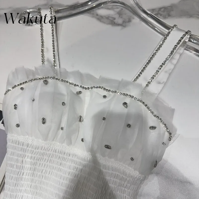 WAKUTA 2024 Fashion Patchwork Square Neck Sleeveless Particle Nail Bead Suspender Mesh Edge Chest Cushion Loose Vest Y2K Clothes