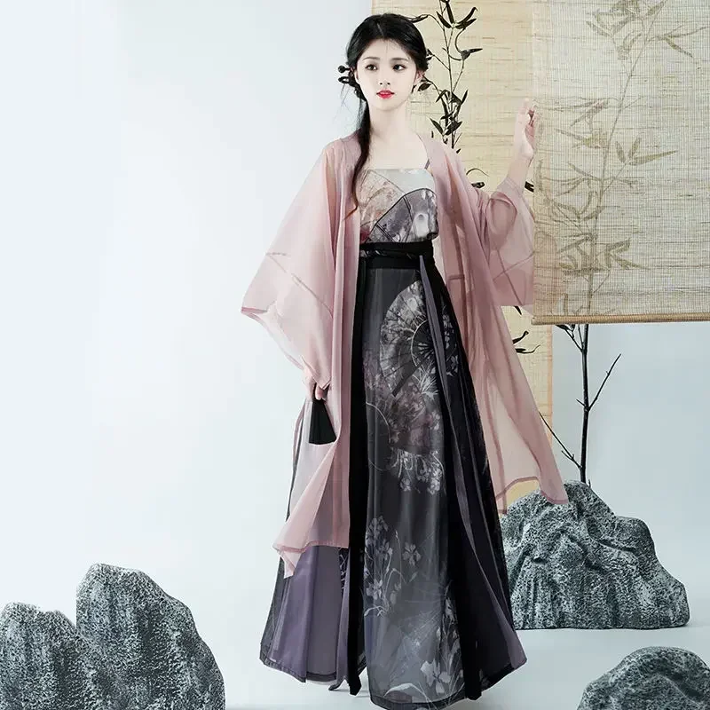 Song Dynasty Purple Printed Hanfu Dress 3pcs Sling Skirt Robe Women Summer Chinese Style Princess Cosplay Costumes Modern Hanfu