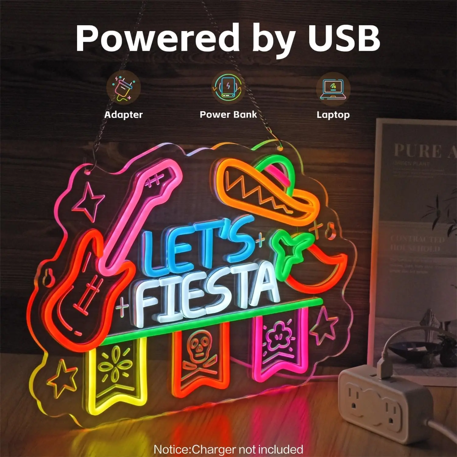Let's Fiesta Neon Sign, Neon Light Wall Hanging Decor for Mexican Restaurant Latin Bar Party Taco Shop Food Truck Man Cave Home