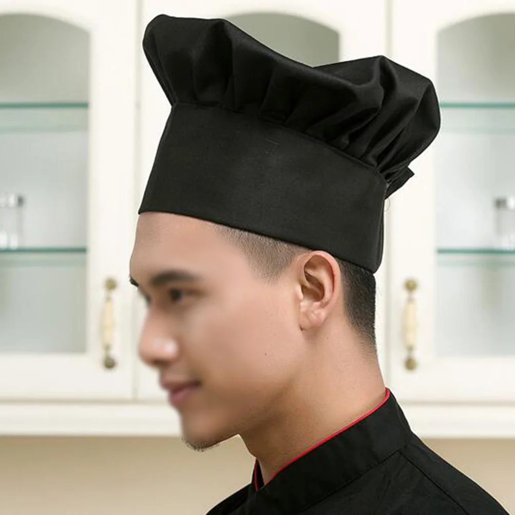 Chapeau de chef pour hommes et femmes, casquette de cuisine en coton et polyester de style champignon noir avec dos élastique, ajustement réglable pour les restaurants