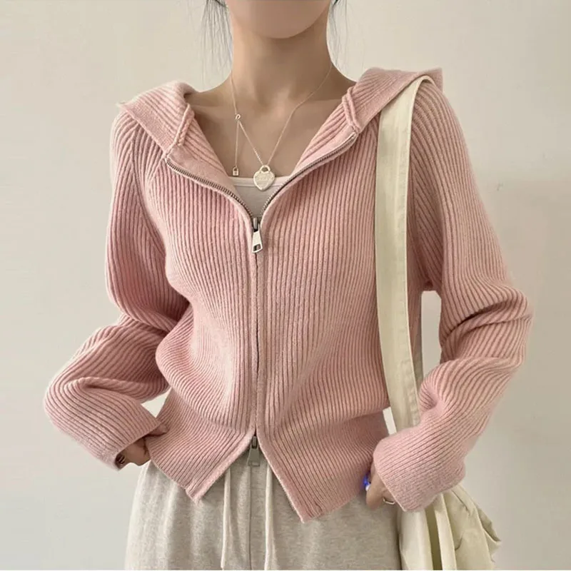 

Knitwears Black Hooded Knitted Sweater Women Cardigans New Long Sleeve Knit Sweater Cardigan Women Tops Sueters De Mujer Q3000