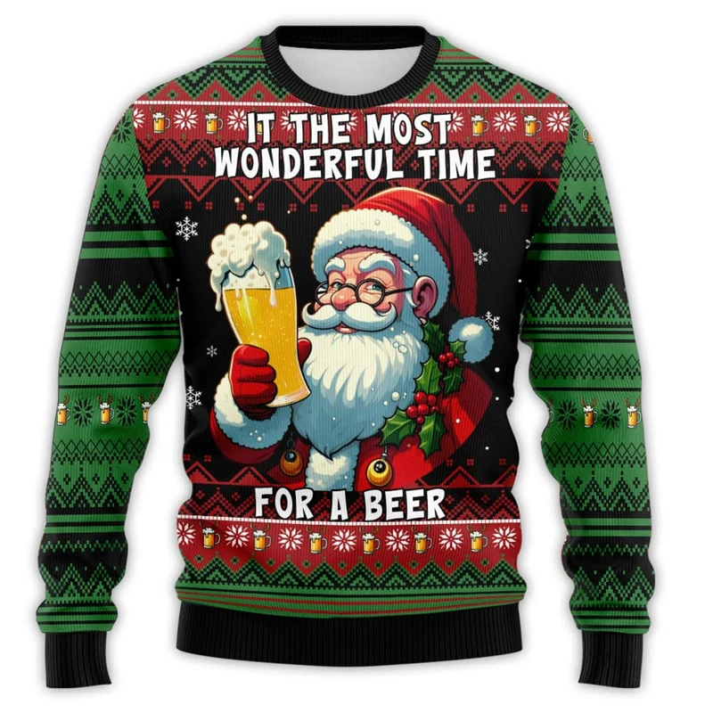 3D Print Ugly Christmas Sweatshirt For Men Women Funny Santa Claus Drank Beer Holiday Crew Neck Sweatshirt Mens Xmas Hoodies