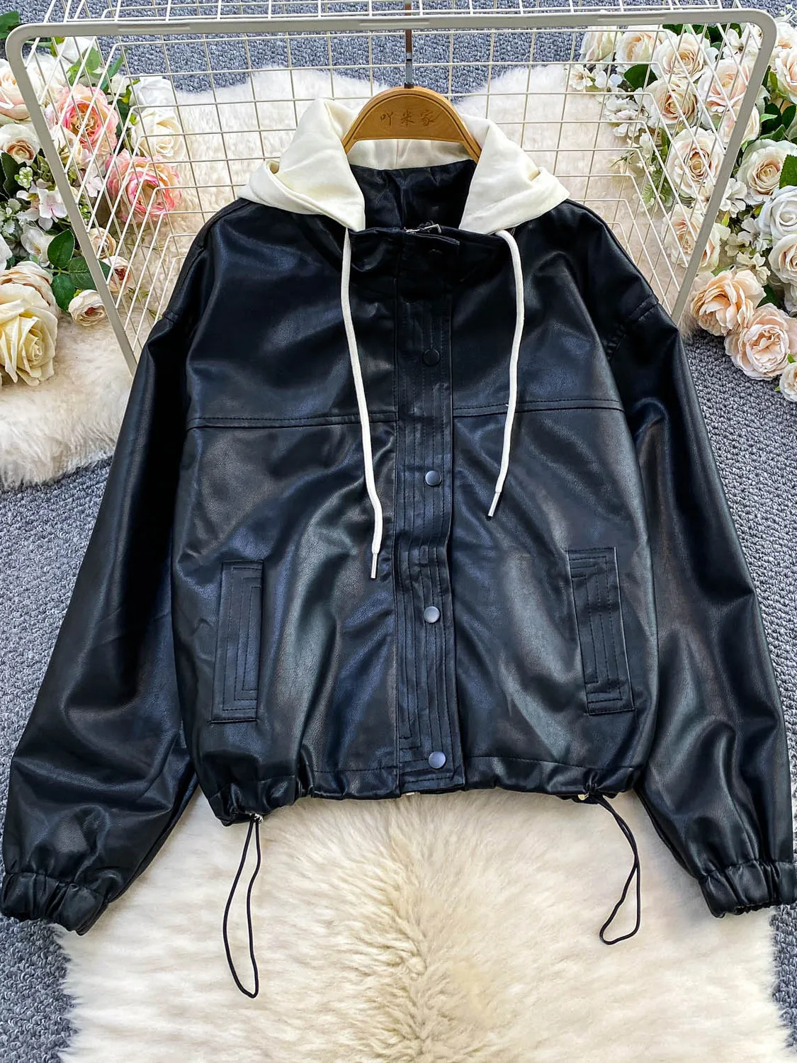 Abrigo de mujer Jaet de cuero PU con efecto adelgazante, informal, con capucha, diseño de cintura alta, ropa de abrigo larga de invierno