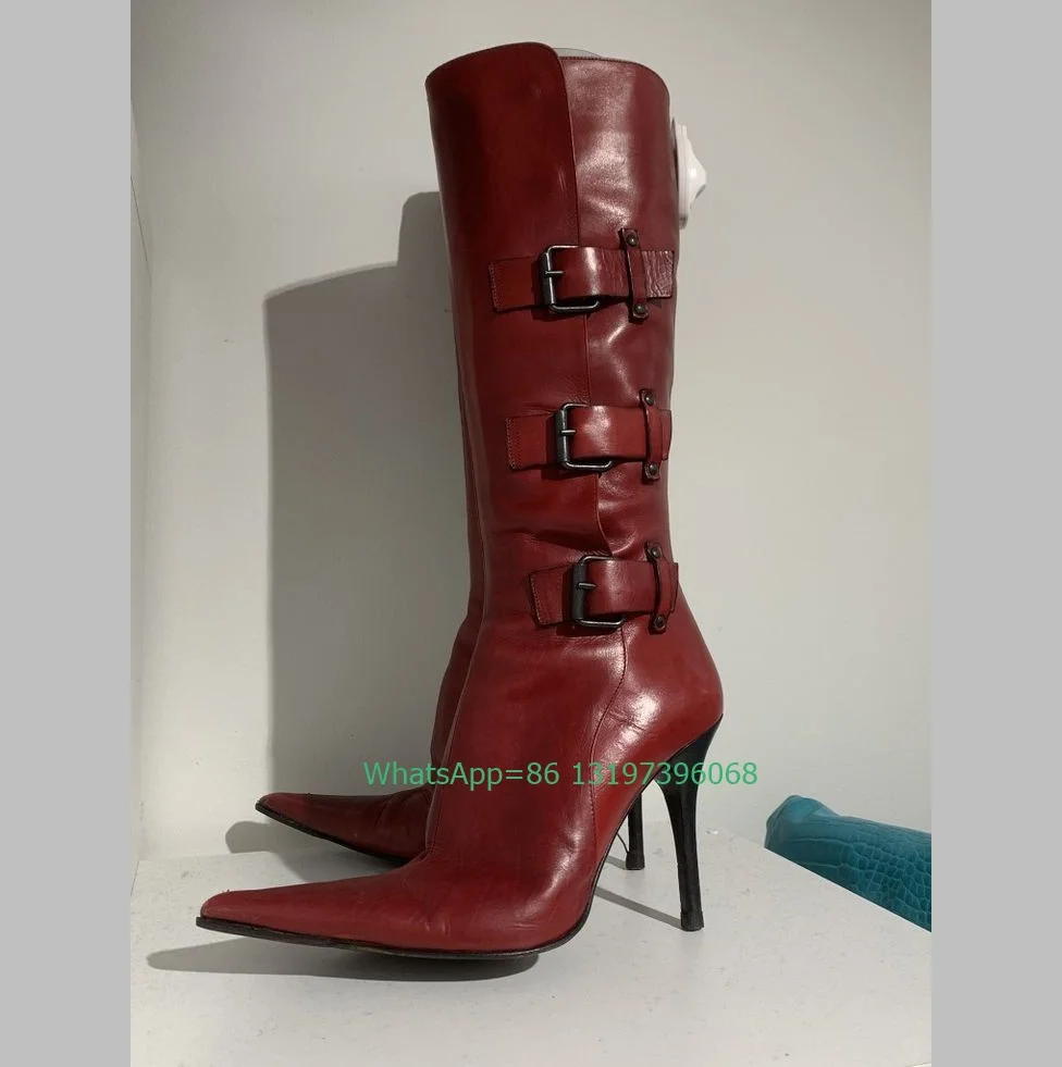 

Lady Red Color Vintage Style Knee Boots Pointed Toe Punk Style Stiletto Heel Boots Buckle Strap Zip Boots Size 35-46 PU Footwear