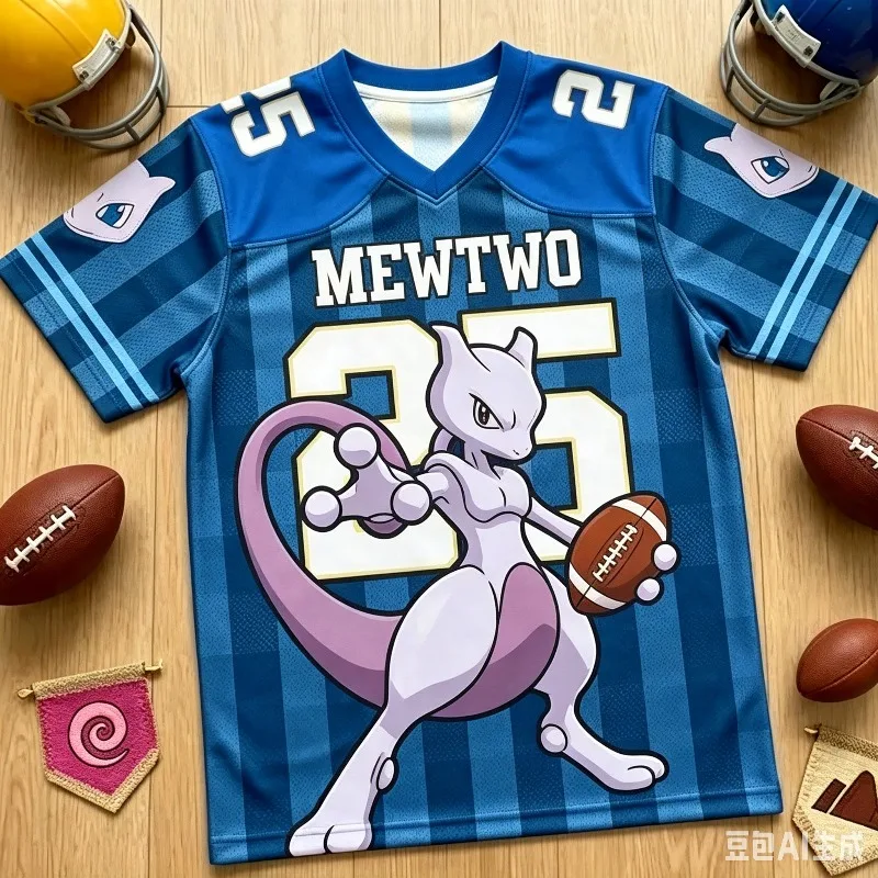 Summer Pokemon Mewtwo 25 Football Jersey, Y2K Blue Plaid Print, Family Matching Outfit Breathable Uniform for  Street Fashion