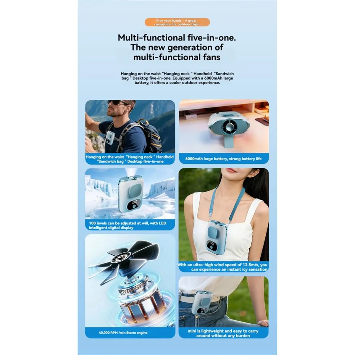 2026 NEW Portable Waist Fan 6000mAh High-Speed Neck Fan 100 Speeds 40000RPM Strong Airflow for Home/Outdoor Cooling A