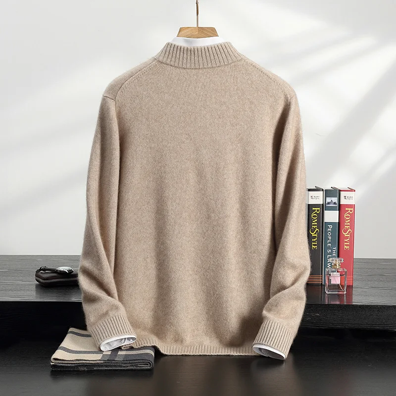 Best-Selling 100% Cashmere Sweater Men's Padded Half-High-Necked Zipper pullover long-Sleeved Cashmere Knitted Bottoming Sweater