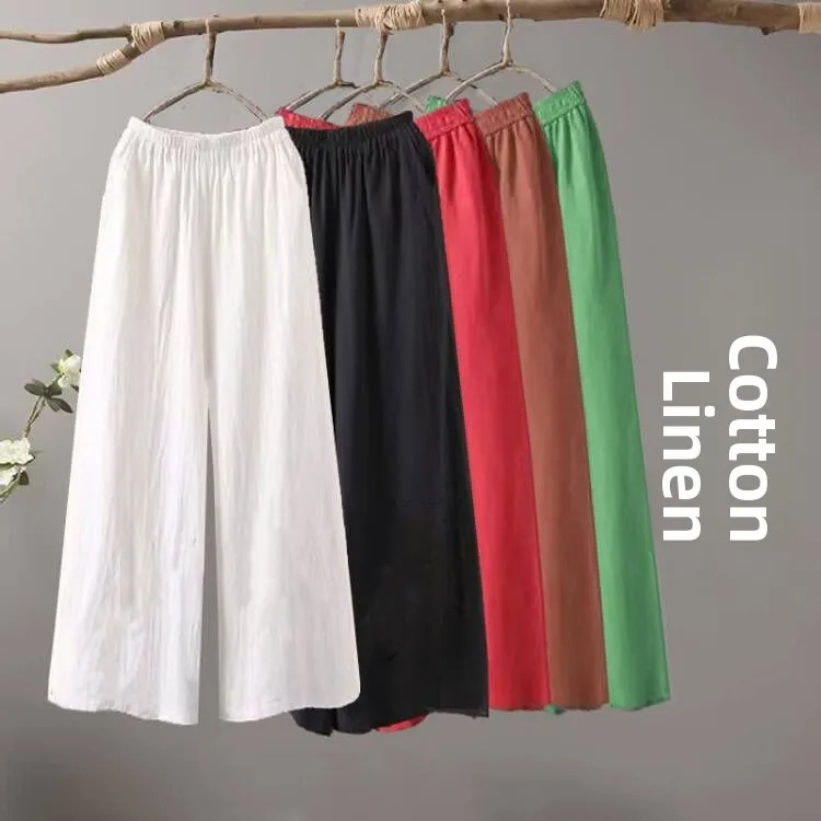 

Широкие брюки с высокой талией, женские летние хлопковые льняные брюки со свободной талией, тонкие хлопковые льняные повседневные брюки, девять очков