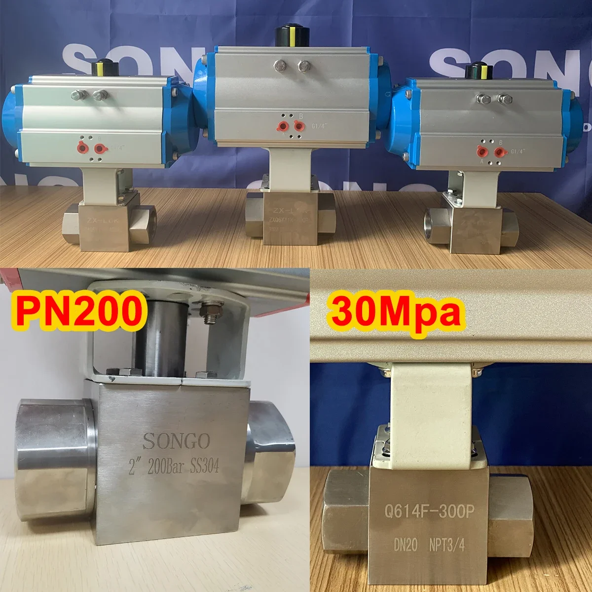 SONGO High Pressure Stainless Steel 3 Way T Port Thread Spring  Return Pneumatic Actuator Ball Valve