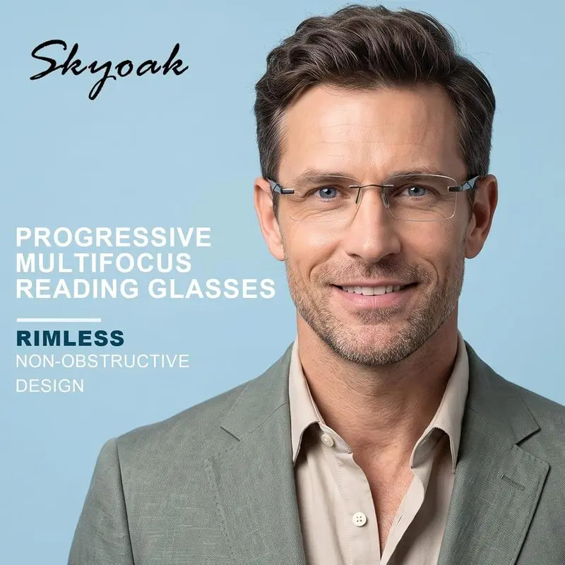SKYOAK 2 PCS Rimless Progressive Reading Glasses for Men, Frameless Multifocal Blue Light Readers for Mid-Near Range