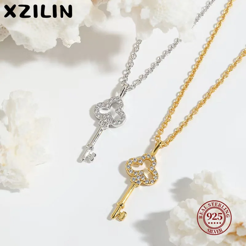 

XZiLin 100% S925 Sterling Silver Plating 14K Gold Necklace for Women Zircon Key light luxury Mini Clavicle Chain
