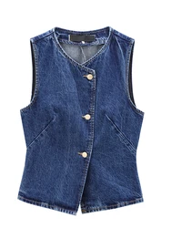 KAOPU ZA Women gold button fitted denim vest top vintage v-neck sleeveless female waistcoat chic tops