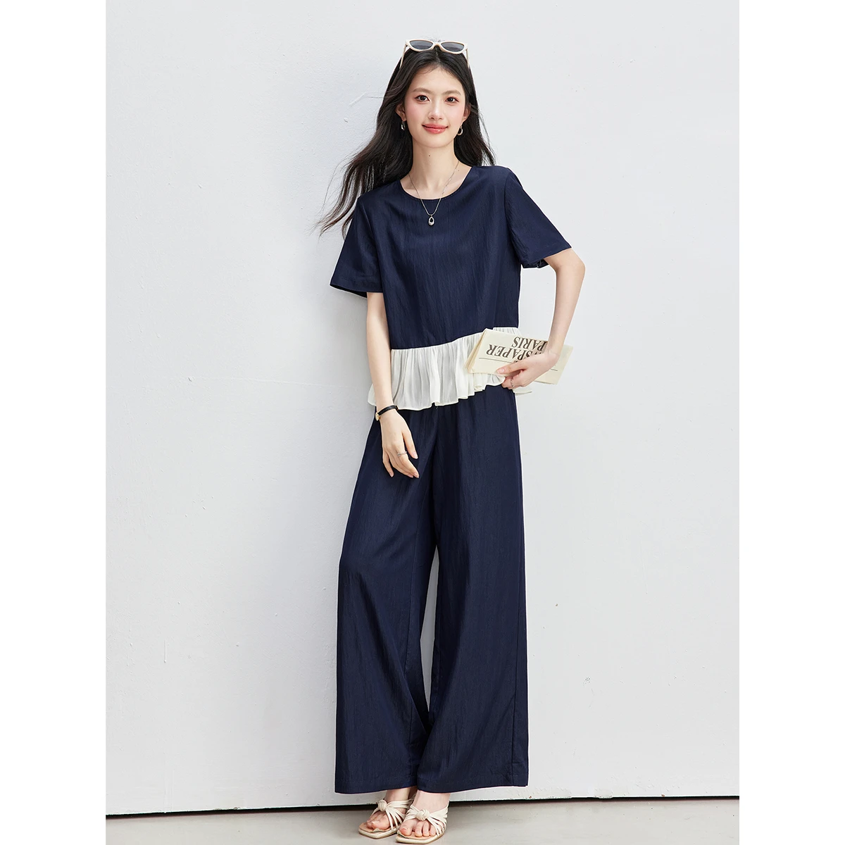 

VIMLY Fashion Casual Women's Suit 2026 Summer Contrast Color Ruffles Short Sleeve Top Straight Leg Pants Two-piece Set A6835