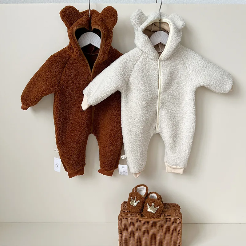 

Newborn Baby Boy Girl Romper Infant and Toddler Berber Fleece Jumpsuit Autumn Winter Long Sleeve Hooded Zipper Closure Jumpsuit