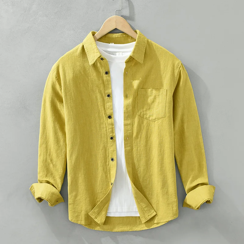 Fresh Mens Long Sleeve Shirts Summer Cotton Linen Shirt Men Beach Tops Causal Pocket Lapel Yellow Shirt Daily Shirts Breathable