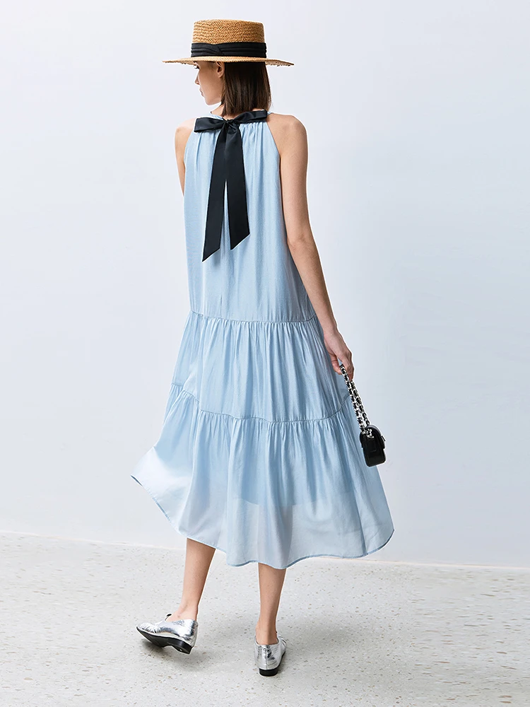 LILY Zomer Nieuwe Blauwe Jurk vrouwen Hoge Taille A-lijn Dr met Ba Strik Viscose Satijn Lange Dr OL Sle pendelen Dr