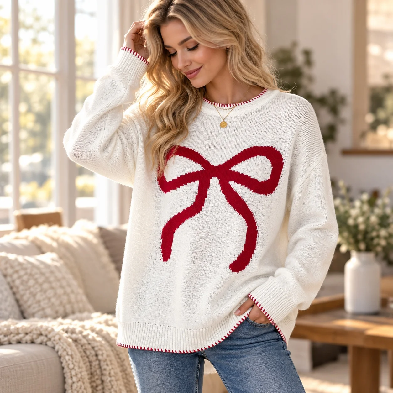 Round Neck Long Sleeve Sweater Loose Fit Girly Women Sweater with Medium Weight Autumn Sweet and Fresh Regular Sleeve Pullover