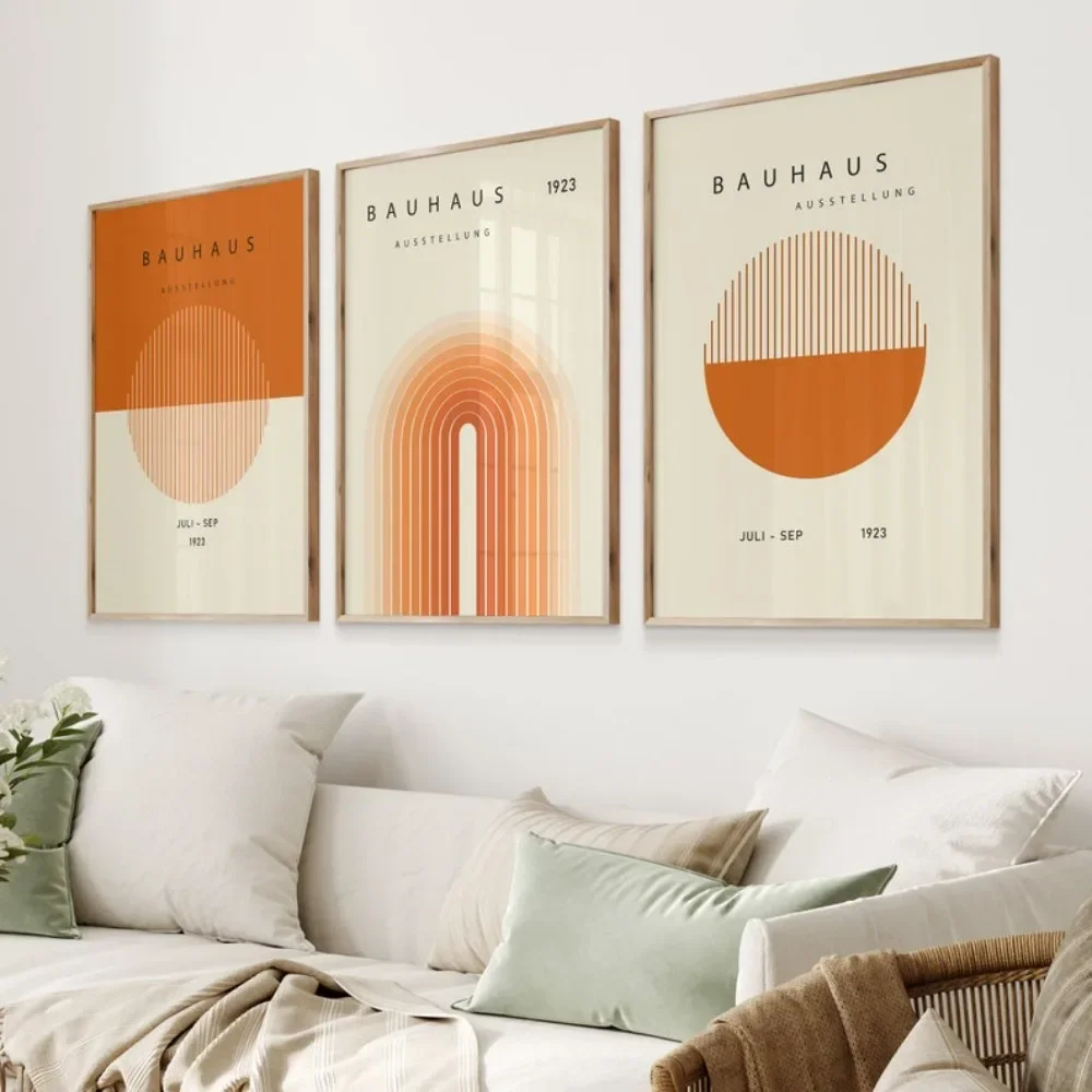 3 Frameless Orange Bauhaus Exhibition Posters Geometric Wall Art, Mid-century Modern Posters, Bohemian Rainbow, Instant Download