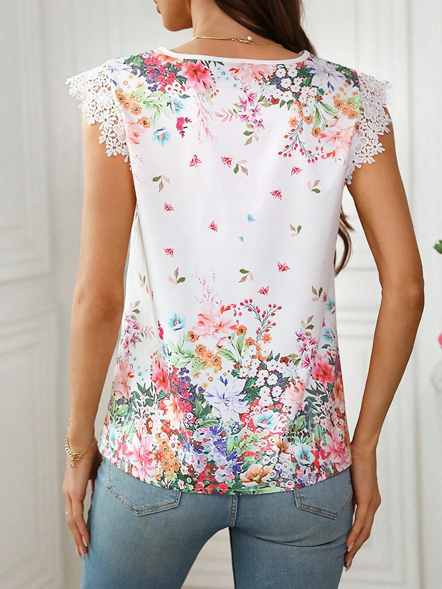 

Женская майка без рукавов с воротником-поло и рукавами принцессы, модная мода, весна 2026, элегантный цветочный принт, v-образный вырез, кружевная отделка