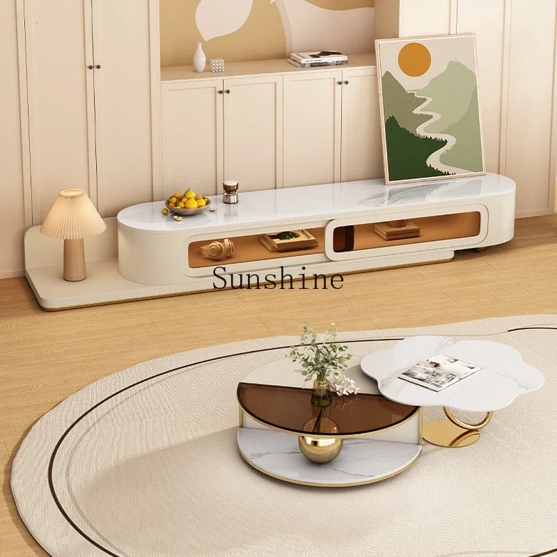 

Cream wind rock slab coffee table simple modern living room telescopic TV cabinet