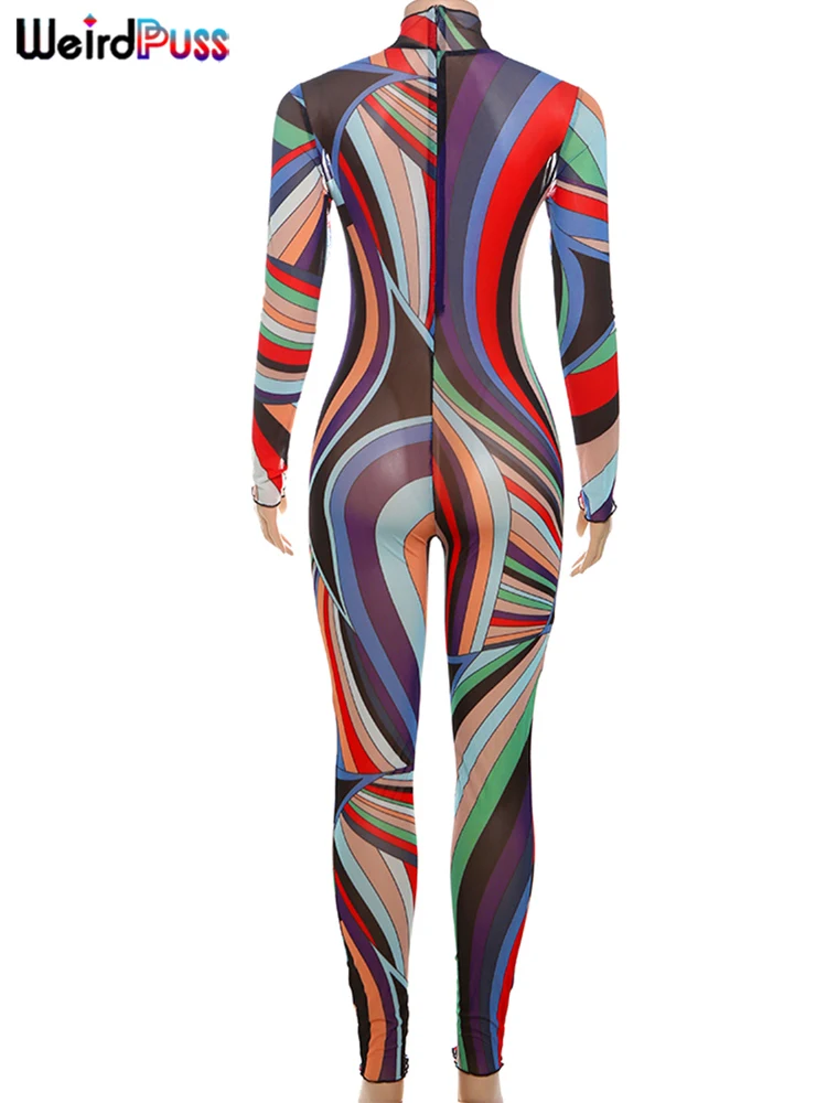 Weird Puss Sexy Colorful Print Jumpsuit Women Mesh Zip Y2K Full Sleeve O-Neck Turtleneck Trend Skinny Stretch Workout Overalls