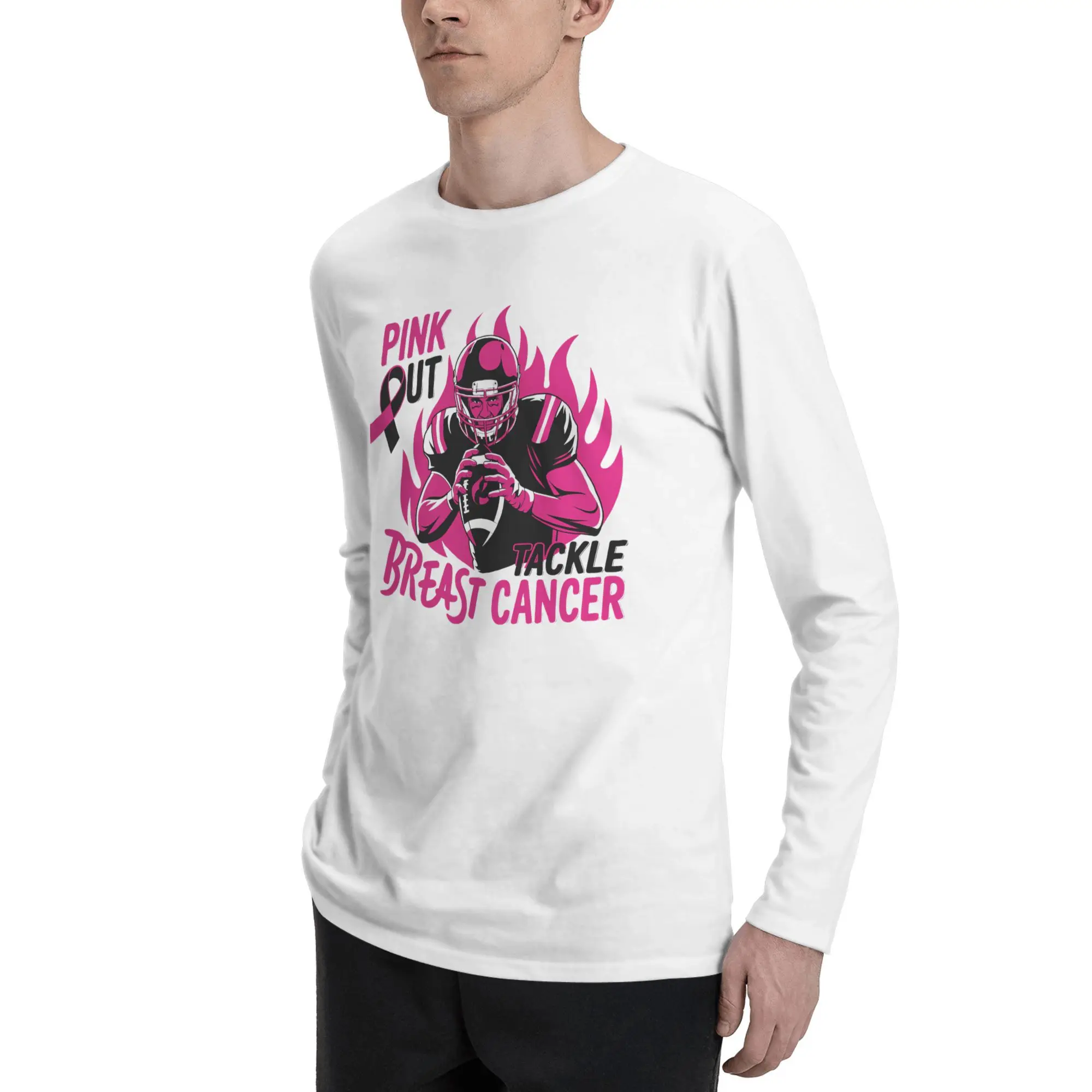 Tackle Breast Cancer Football Pink Ribbon Awareness High Quality Sweatshirts Men's Oversized Hoodies Winter Pullover
