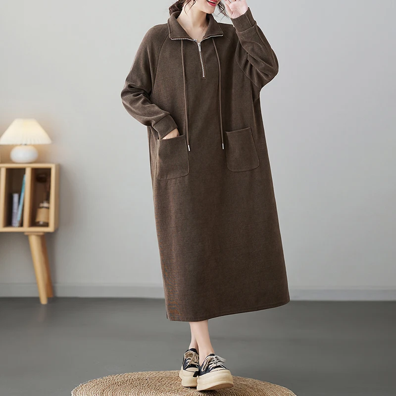Plus size f mole vestido enssado solto emaecimento cor pura estilo casual outono inverno moda design coreano