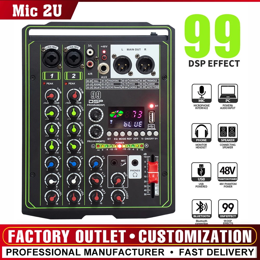 

Sound Mixer 4 Channel 99 DSP Effects Professional Studio Audio Mixing DJ Console Bluetooth for PC Stage Podcast Record WM2N2