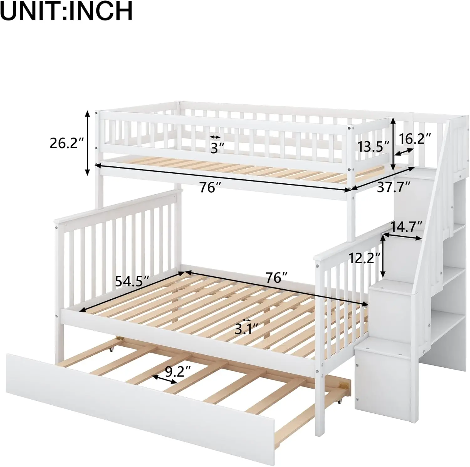 Designs Twin Over Full Bunk Beds with Trundle, Stairs & Storage Shelf, Wood Bed for Kids, White