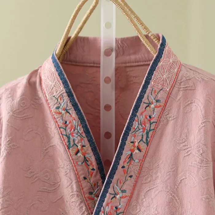 Retro Sle Oversized Women's Cotton Linen Embroidered irt Jaet Long Sve V-Ne Autumn Tea Ceremony Top Large Size