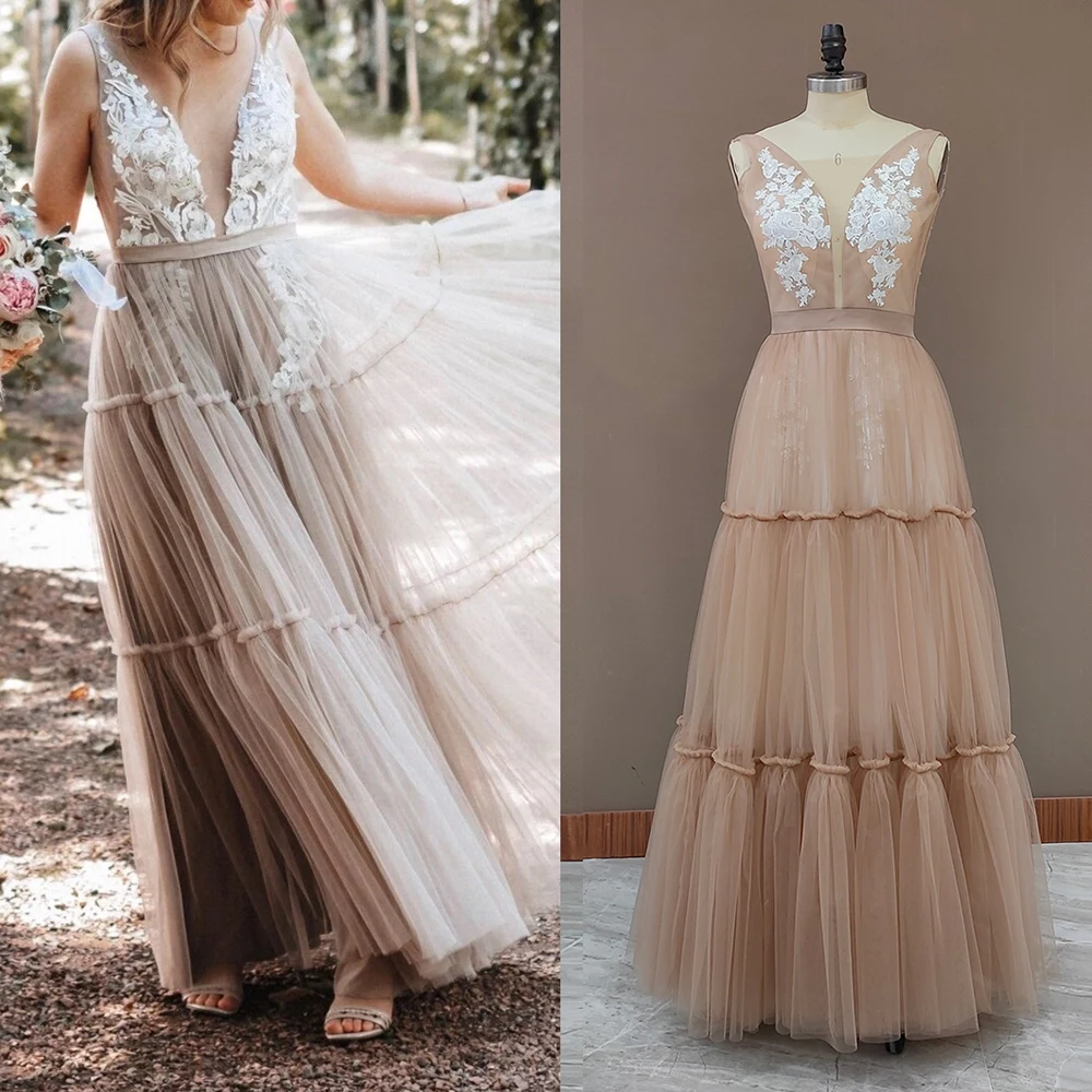 Boho Deep V Neck Tulle Bridal Gown Applique Sleeveless Beach Tiered A Line Bohemian Hippie Outdoor Wedding Dress Customized