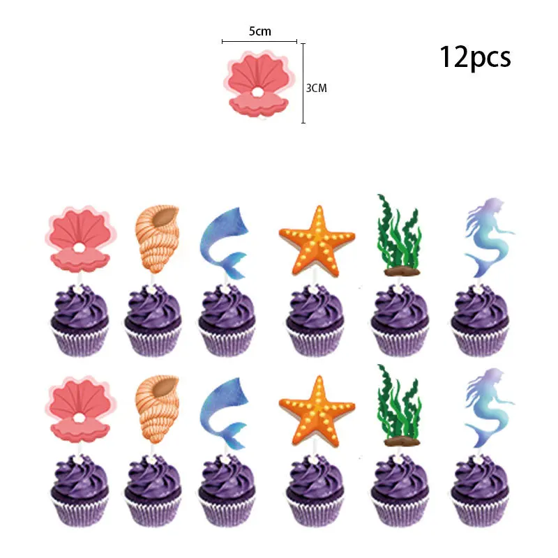 12PCS Mermaid Cupcakes Topper Conch Shells Starfish Cake Decorating Baking DIY Ornament Kids Girl Sea Birthday Party Supplies