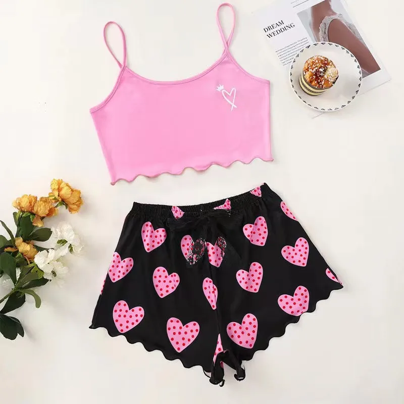 Women\'s Pajamas Set Sleepwear 2 PCS Short Tank Tops And Shorts S M L Pink Ventilate Soft Casual Love Print