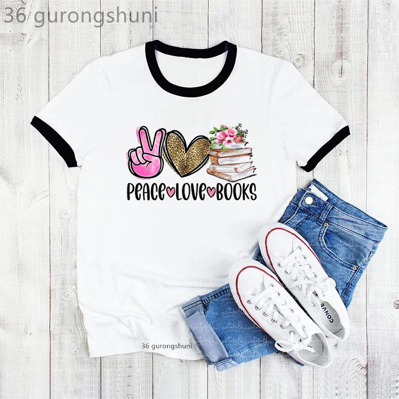 Rainbow Peace Love Books Graphic Print Tshirts Women'S Clothing Leopard Pink Flowers T Shirt Femme Harajuku Kawaii T-Shirt