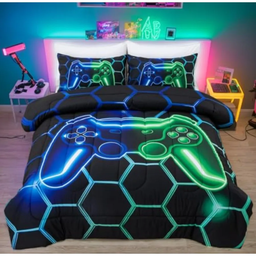 

Gamer Comforter Set for Boys Gaming 5 Pieces Bed in A Bag Geometric Lightweight Game Bedding Sets with Sheet