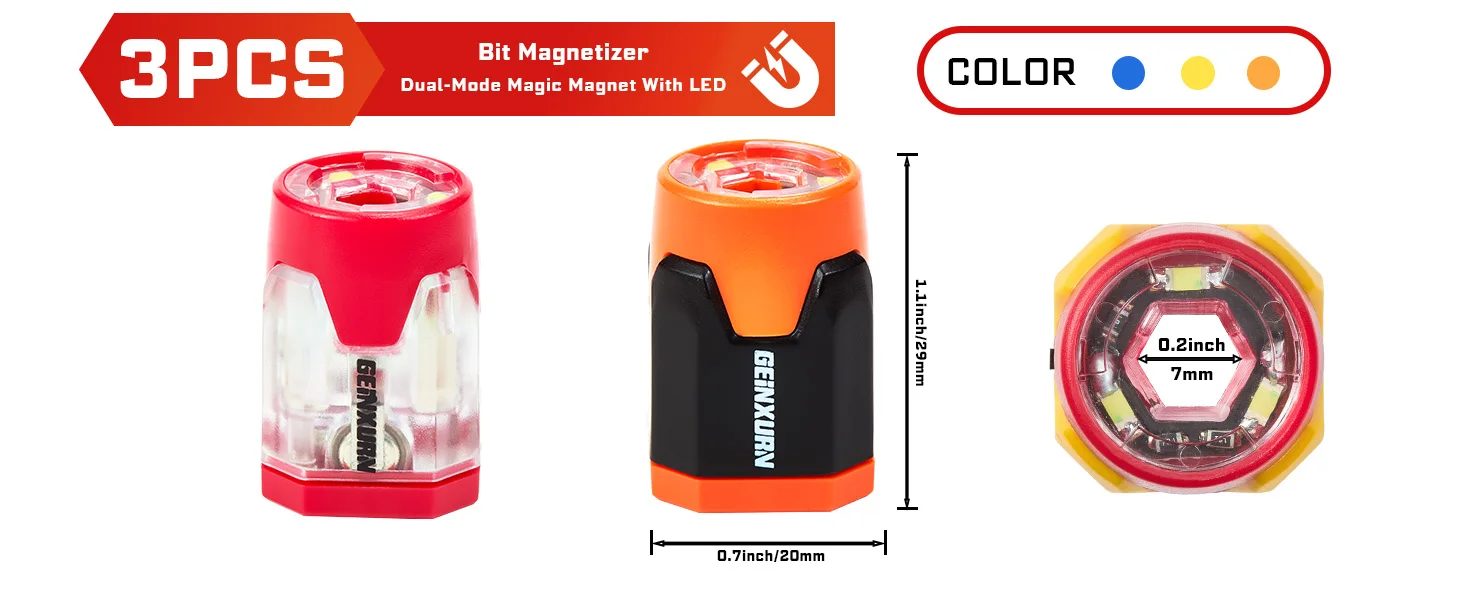 Geinxurn 3 Stück LED-Schraubendreher-Bit-Magnetisierungsring, ABS-Kunststoff-Bitmagnetisierer/Entmagnetisierer für 1/4 Schaft, starker Magnetismus – Detail 2