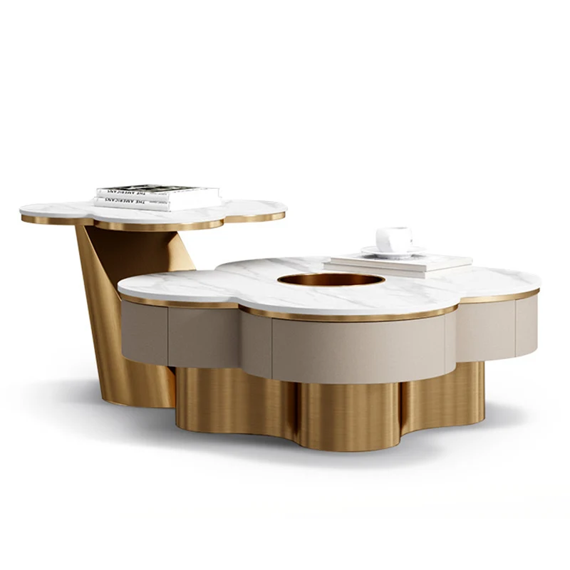 

！@Luxury Living Room White Marble Coffee Table and TV Stand Stone Modern Storage Black Wooden Coffee Tables Set