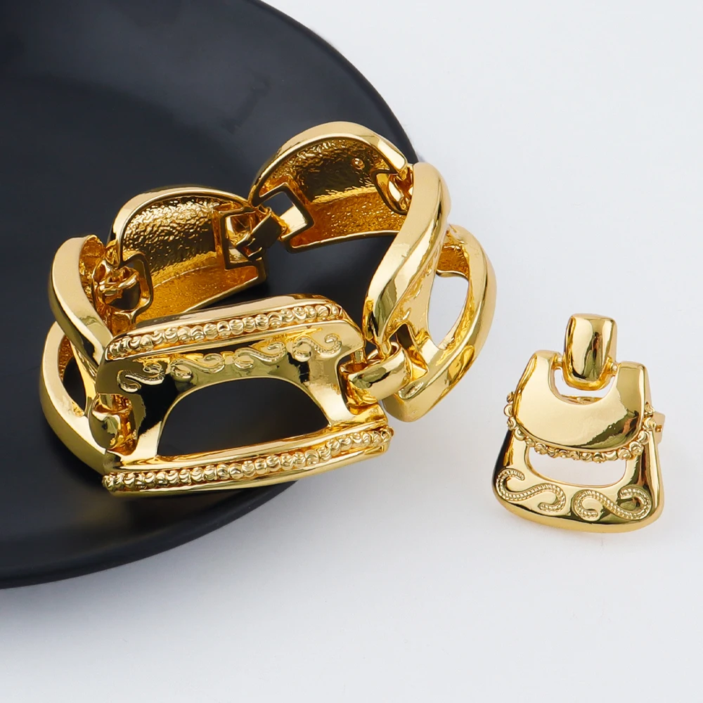 Neues Extravagantes Schmuckset Dubai Goldfarben Große Halskette Ohrringe Armband Ring Sets Brautschmuck 24k Vergoldeter Schmuck Geschenke – Detail 11