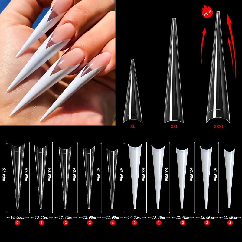 Super Long Sharp Nail Tips Fake Natural Transparent False Nails Durable Extension Acrylic UV Gel Manicure Salon Tools Supplies