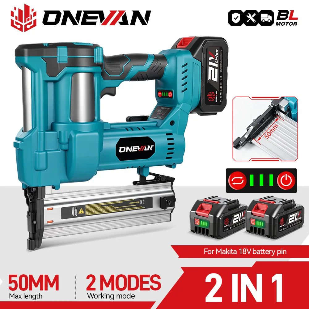 ONEVAN 2 in 1 bürstenloser elektrischer Nagler/Hefterpistole F15-50 K410-438 Nagel 2 Modus mit 400 Stück Nagel für Makita 18 V Batterie Pin