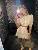 Floral Print Layered Ruffle Mini Skirt Suit Women's Round Neck Puff Sleeve Crop Top Skirts 2 Pieces Set 2026 Summer Dating Fits