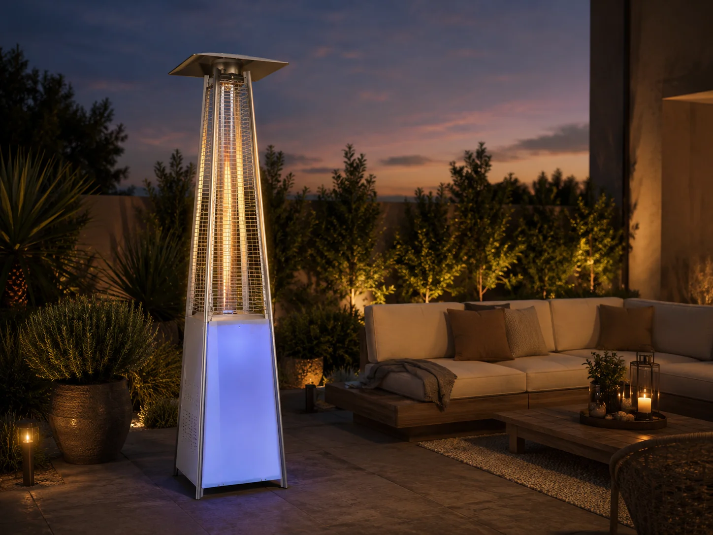 Remote Control LED Tower Type Gas Heater Max13KW Supermarket/ Garden Use Gas Type Glass Tube Pyramid Patio Heater