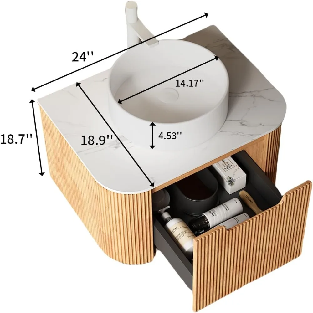 24 Inch Solid Wood Texture Floating Bathroom Vanity with Sink, Modern Wall-Mounted Striped Bathroom Storage Cabinet with White C