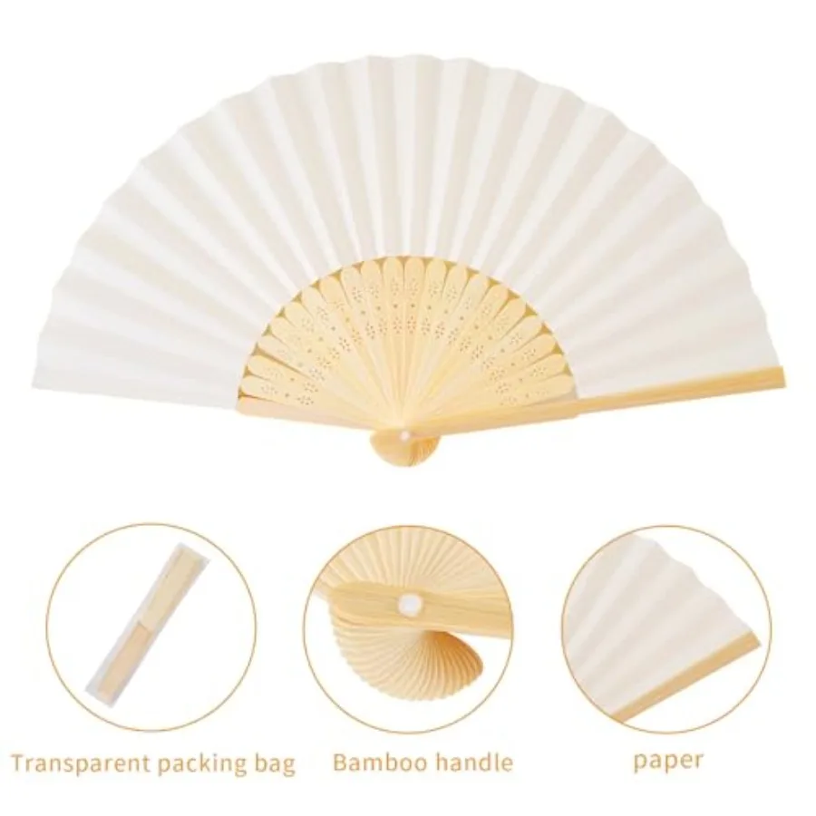 50pcs Cream-Coloured Paper Hand Fan Bamboo Folding, Handheld Paper Fan for Wedding Party and Home Decoration