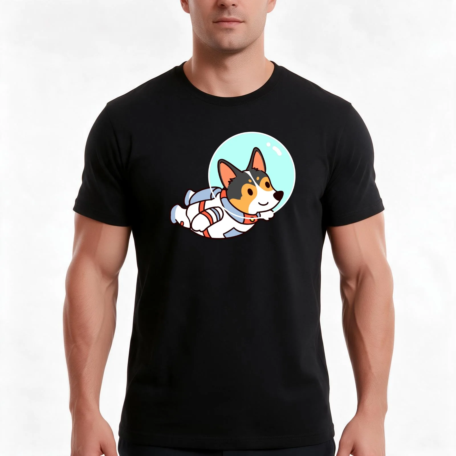 Astronaut Tri Color Corgi T-Shirt, Summer Casual Cotton Tee, Oversized Streetwear Tops, Vintage Graphic Print, Unisex Men Women